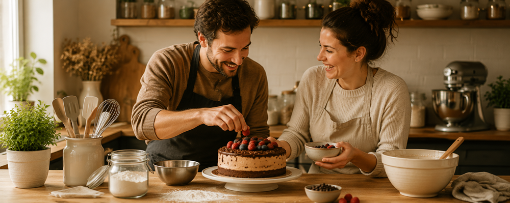 Un homme et une femme préparent ensemble un gâteau dans une ambiance conviviale et détendue.