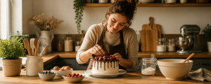 Personne préparant un gâteau dans une cuisine chaleureuse, illustrant les bienfaits de la pâtisserie sur le moral.