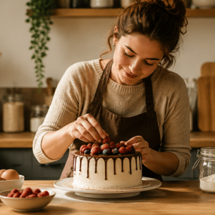 Personne préparant un gâteau dans une cuisine chaleureuse, illustrant les bienfaits de la pâtisserie sur le moral.